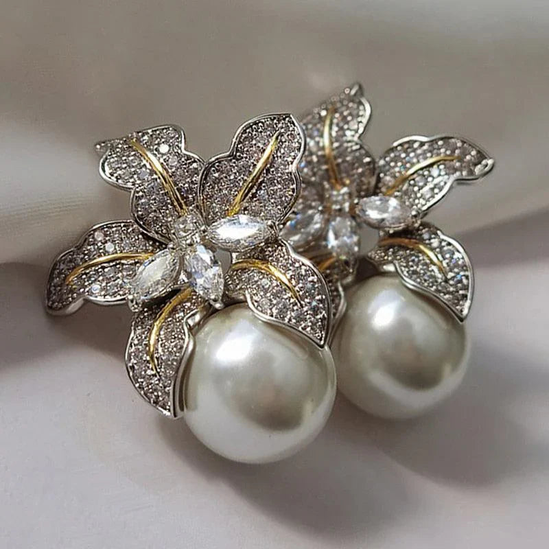 Exquisite Flower Pearl Earrings | White Gold