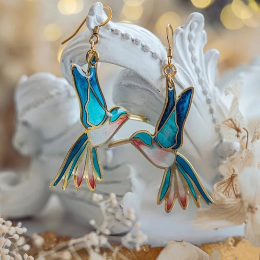 Orecchini vintage con colibrì in smalto blu